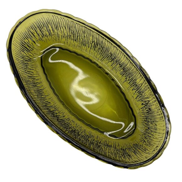 F.T.D. 1975 Bowl Avacado Rippled Glass Green Oval Serving MCM - Picture 3 of 11